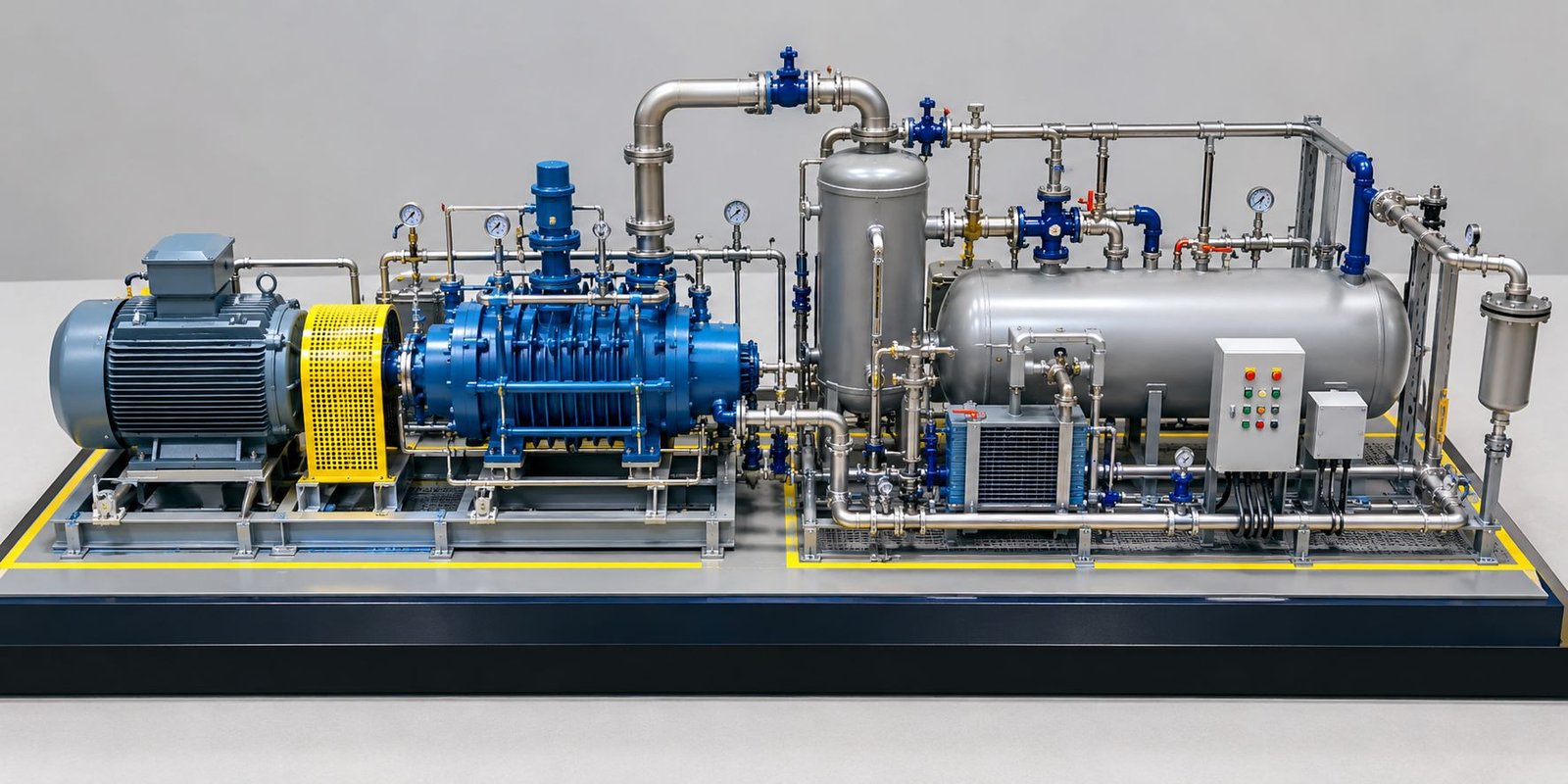 Detailed industrial compressor working model featuring an electric motor, blue compressor, metallic piping, air receiver tank, valves, gauges and control panel.