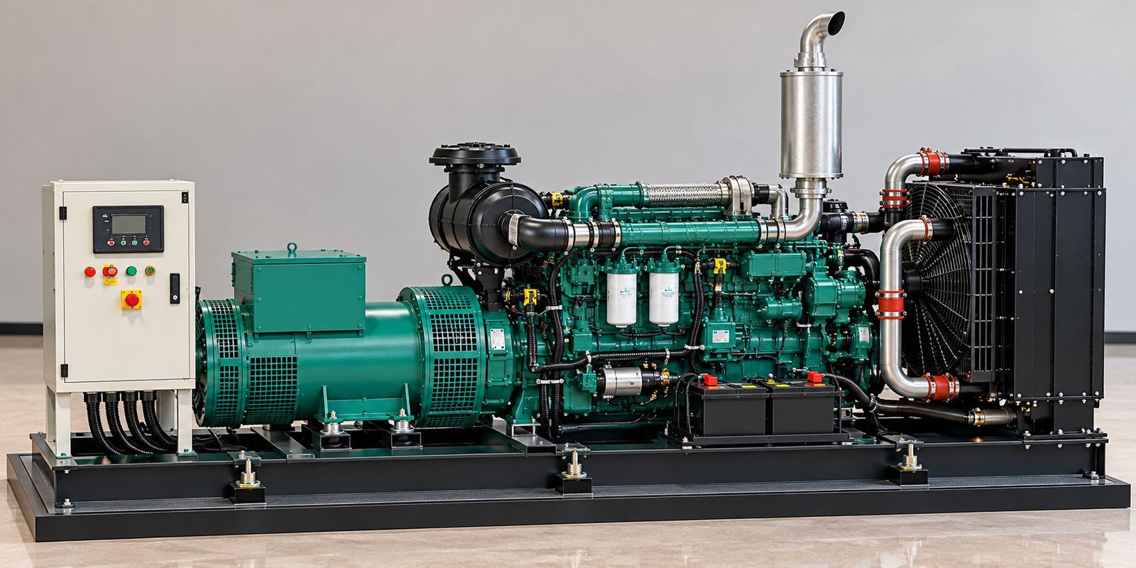 Detailed DG set engineering scale model with diesel engine, alternator, radiator, exhaust silencer, chimney, and control panel