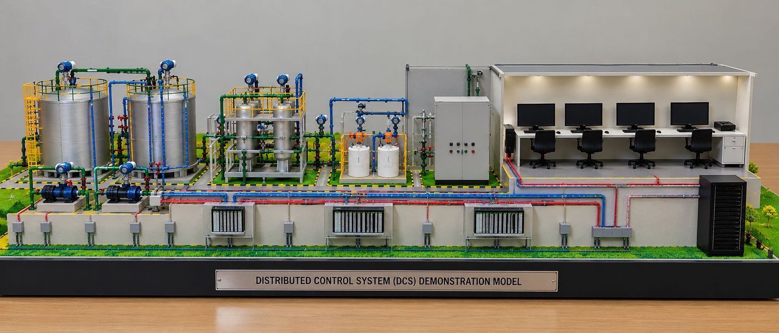 Distributed control system demonstration model with industrial tanks, pumps, pipelines, controller panels and operator workstations.