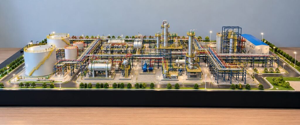Detailed industrial piping scale model showing plant layout, equipment and pipe racks