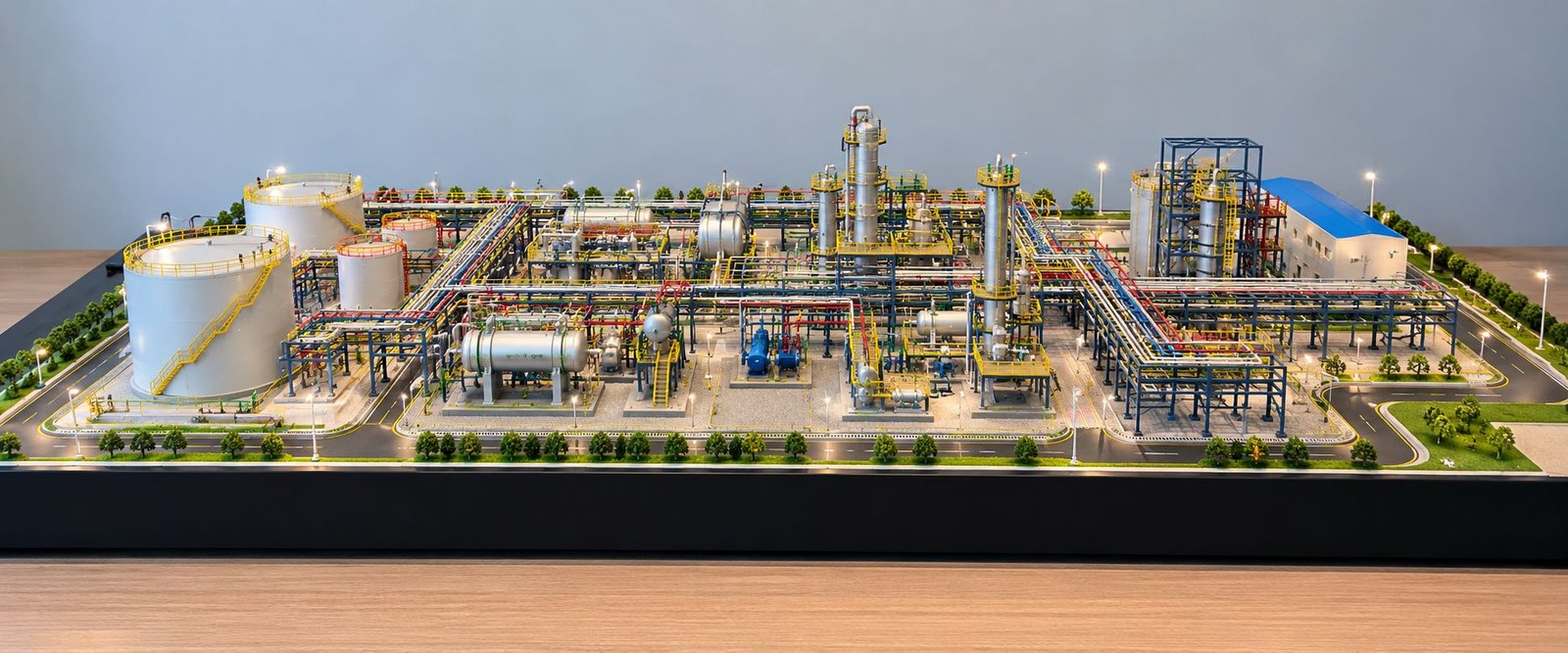 Detailed industrial piping scale model showing plant layout, equipment and pipe racks