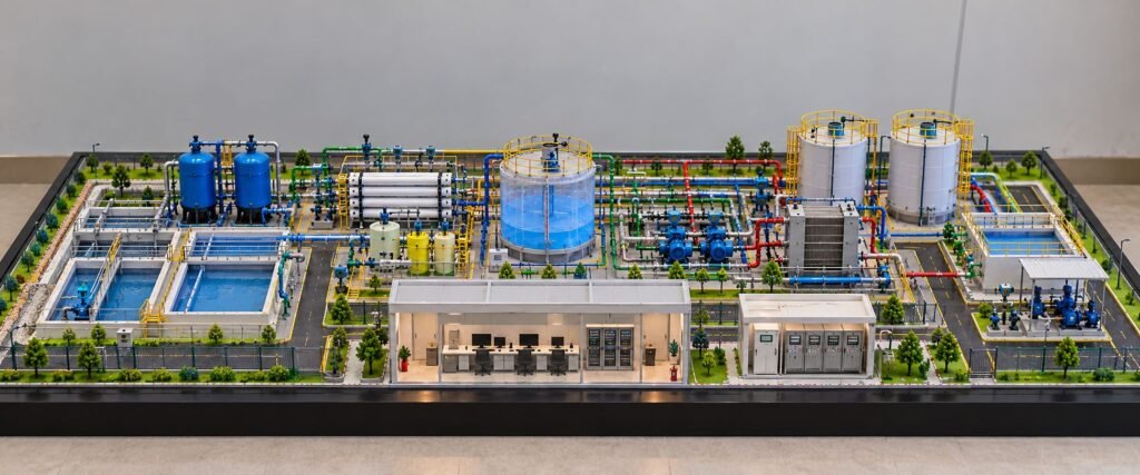SCADA Process Control Demonstration Model with industrial tanks, pumps, piping and control room.