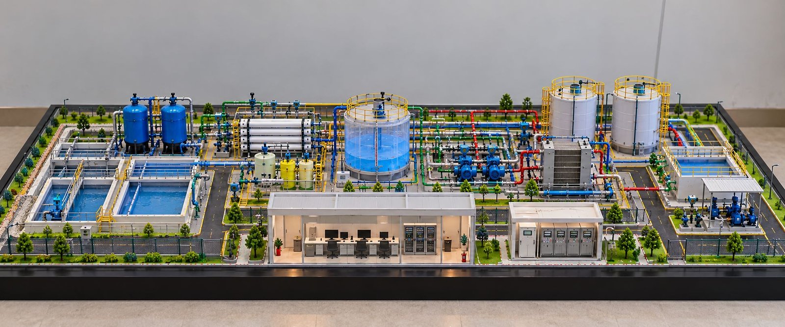 SCADA Process Control Demonstration Model with industrial tanks, pumps, piping and control room.