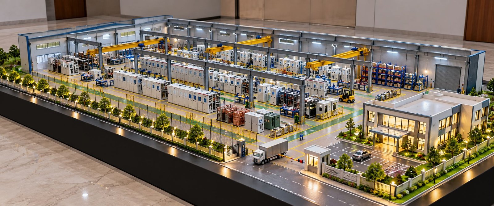 Switchgear manufacturing factory model with electrical panels and industrial assembly areas