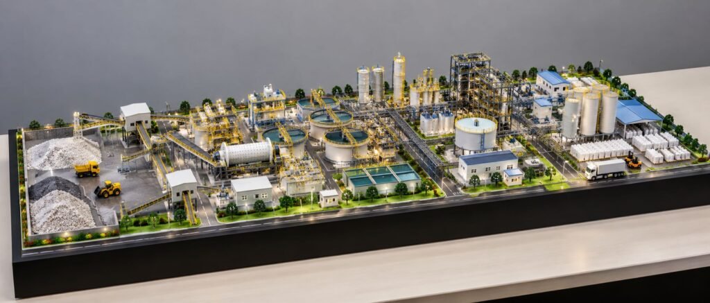 Lithium processing plant industrial scale model with detailed equipment, conveyors, tanks and pipelines