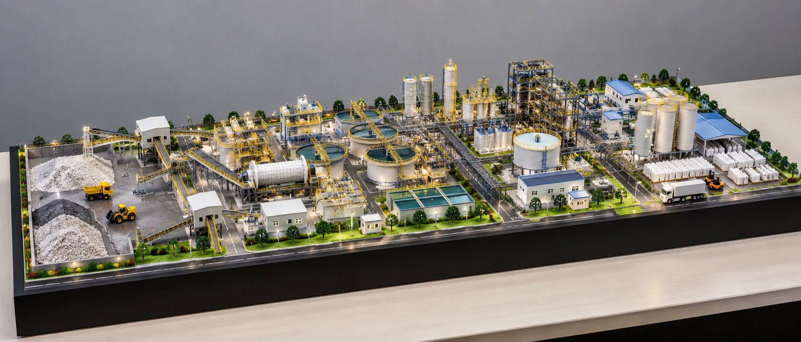 Lithium processing plant industrial scale model with detailed equipment, conveyors, tanks and pipelines