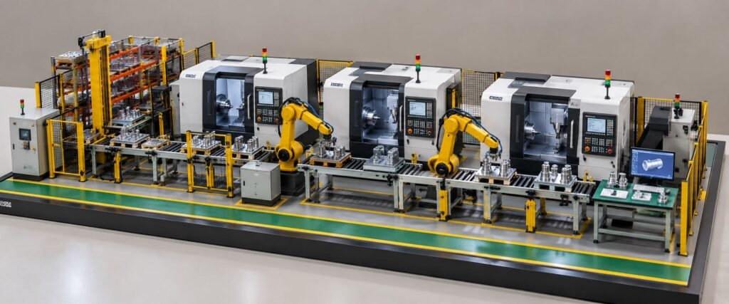CNC automation integration model with CNC machines, robotic arms, conveyor system, and industrial safety fencing