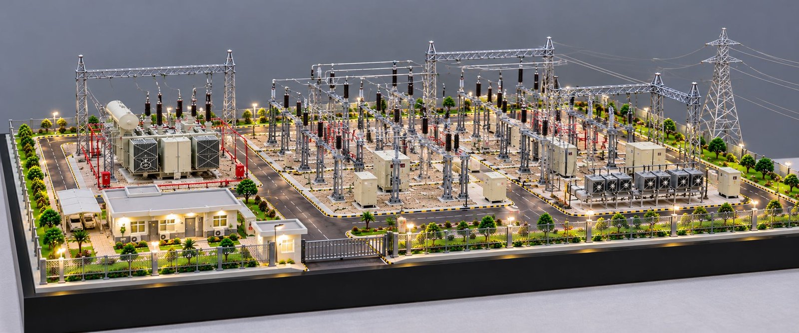 Detailed Electrical Substation Model with Transformers, Switchgear and Transmission Structures