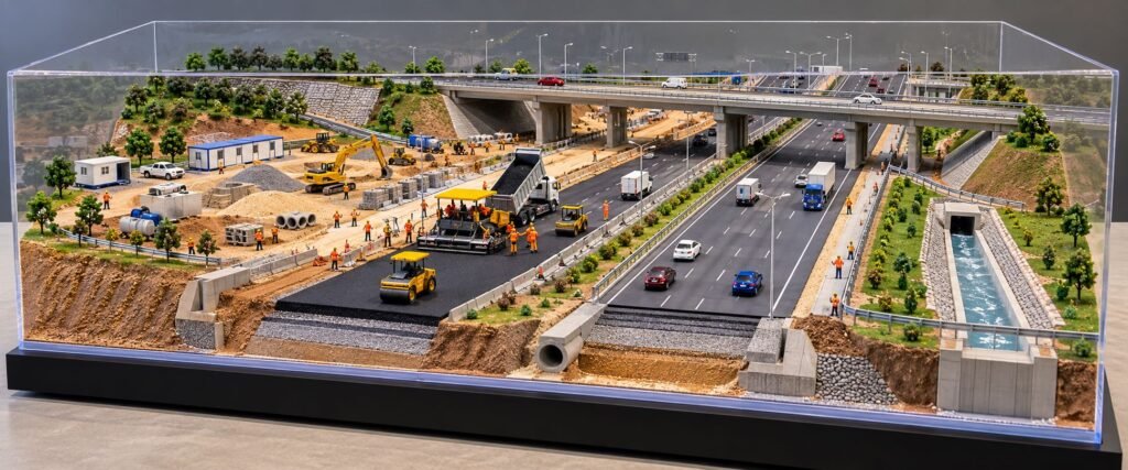 Detailed highway construction scale model with roads, bridge and construction machinery