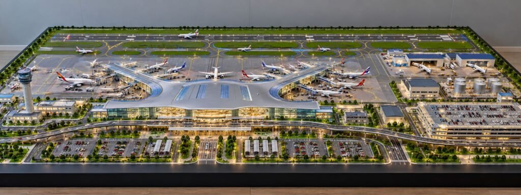 Detailed Airport Infrastructure Scale Model with airport terminal, runways, taxiways, aircraft, control tower, cargo facilities, parking and access roads.