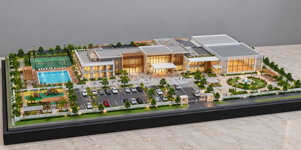 Detailed community center architectural scale model with landscaped gardens, parking, sports court, and modern building design