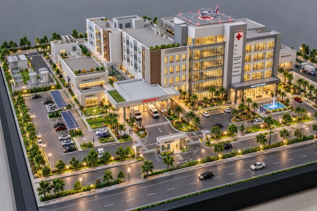 Detailed hospital architectural model with healthcare buildings, landscaping and parking