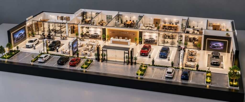 Detailed showroom interior architectural scale model with miniature furniture, product displays, reception, glass partitions and lighting