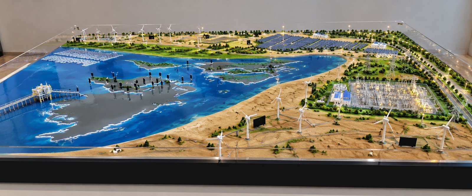 Wide renewable energy engineering scale model featuring wind turbines, solar panels, coastal water and an electrical substation.