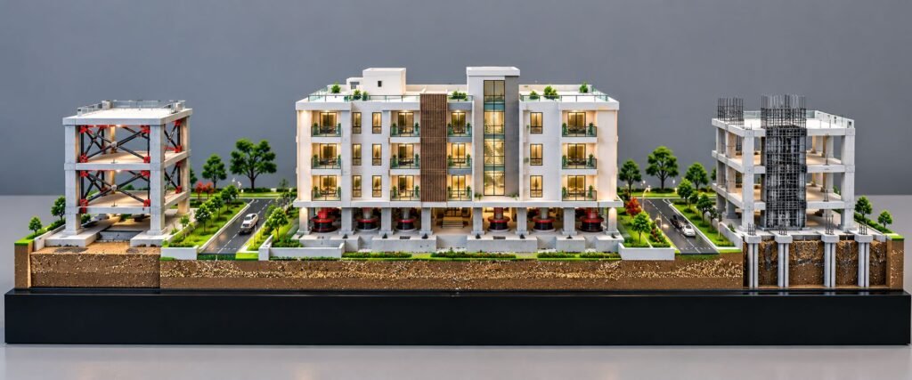 Earthquake-Resistant Building Model with Seismic Isolation Bearings, Steel Bracing and Deep Foundations