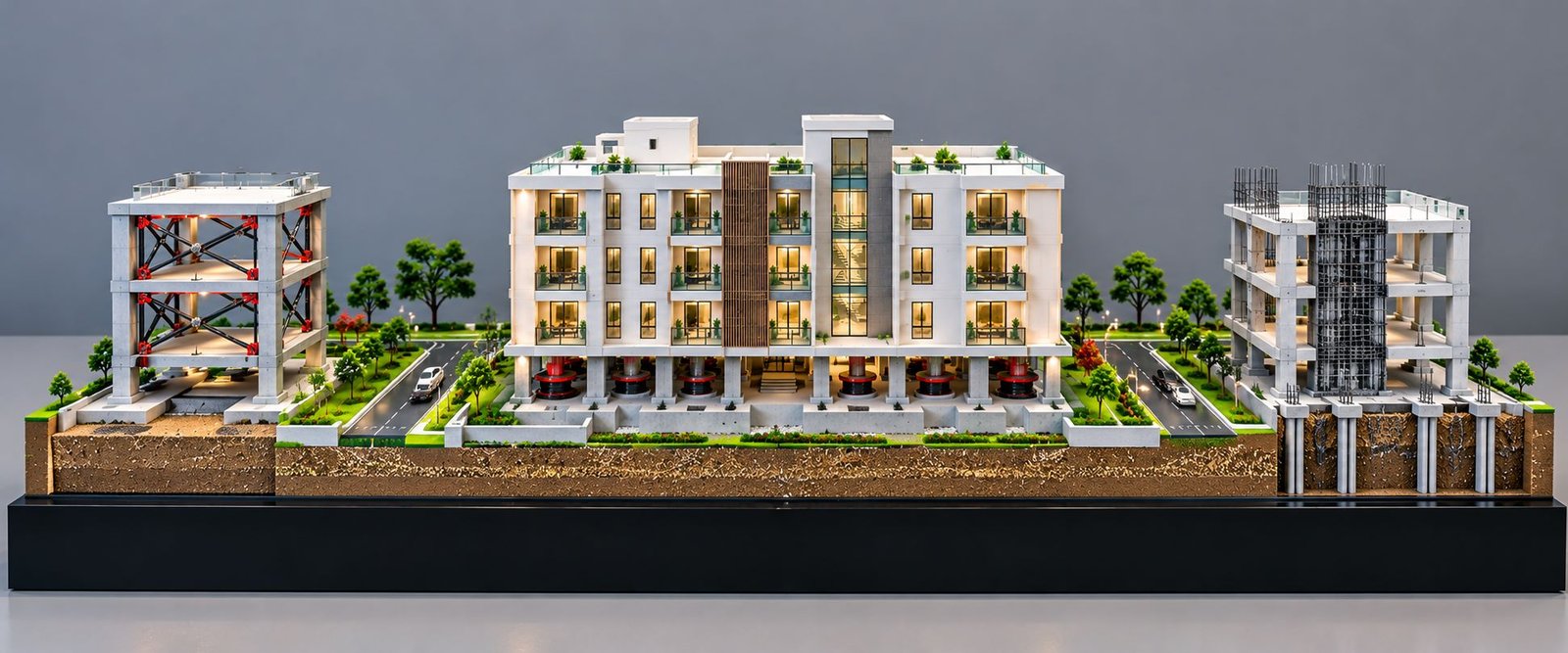 Earthquake-Resistant Building Model with Seismic Isolation Bearings, Steel Bracing and Deep Foundations