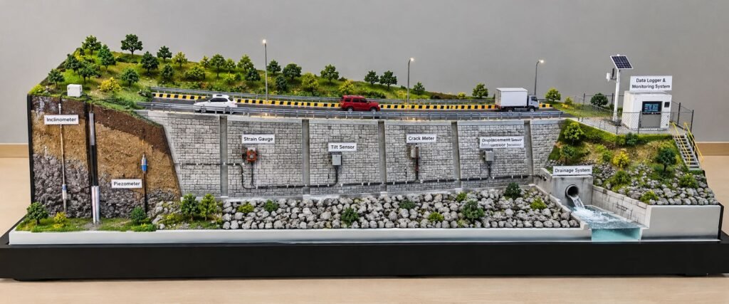 Smart retaining wall monitoring model with structural sensors, soil layers, drainage pipes, and data logger.