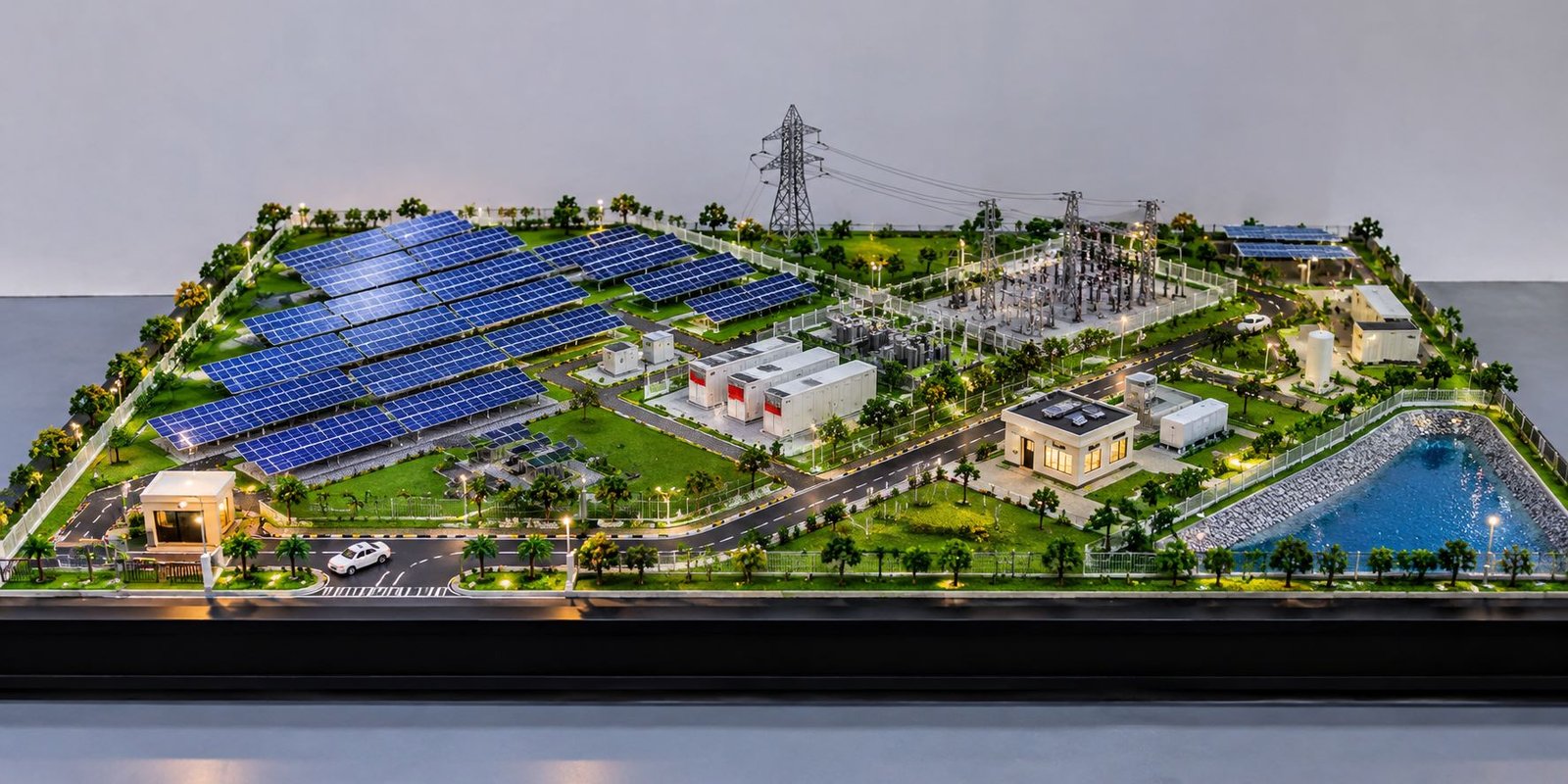 Detailed solar energy ecosystem model with solar panels, battery storage, substations and transmission towers.
