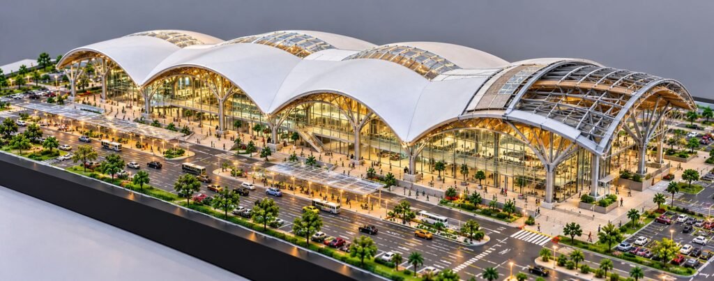 Physical shell roof structure model with curved white roof, exposed steel framework, skylights and glass façade.